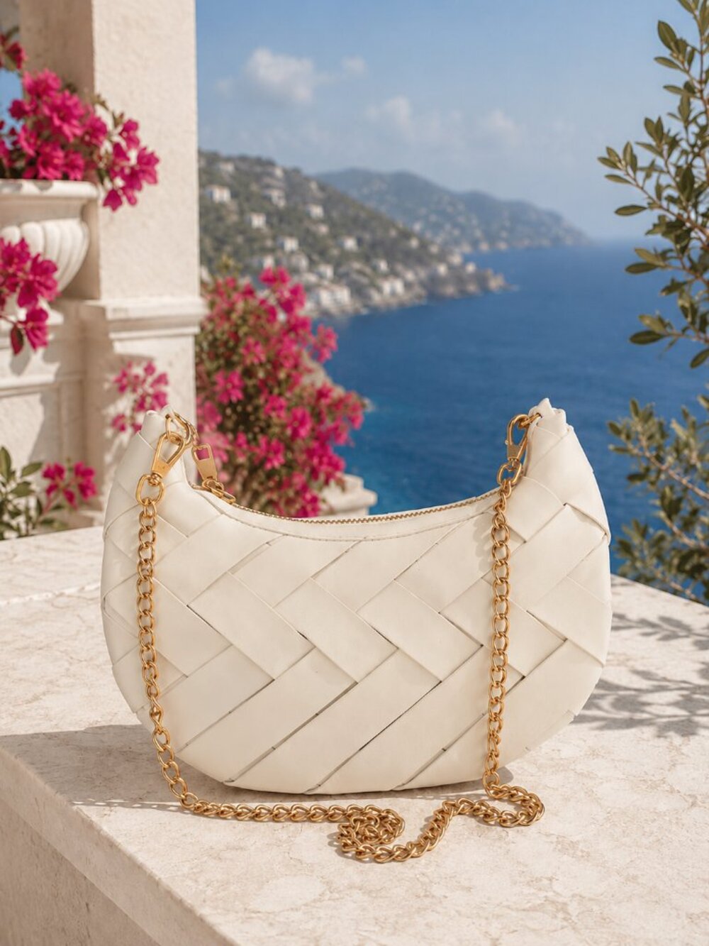 Urban Expressions Ivory Woven Crossbody Bag Gold Chain Resort Shoulder Purse - Picture 2 of 8